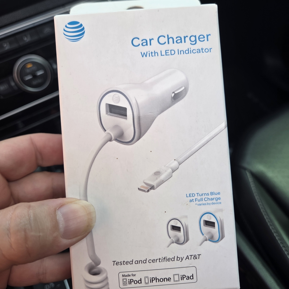 AT&T White Car Charger with LED Indicator and Lightning Cable